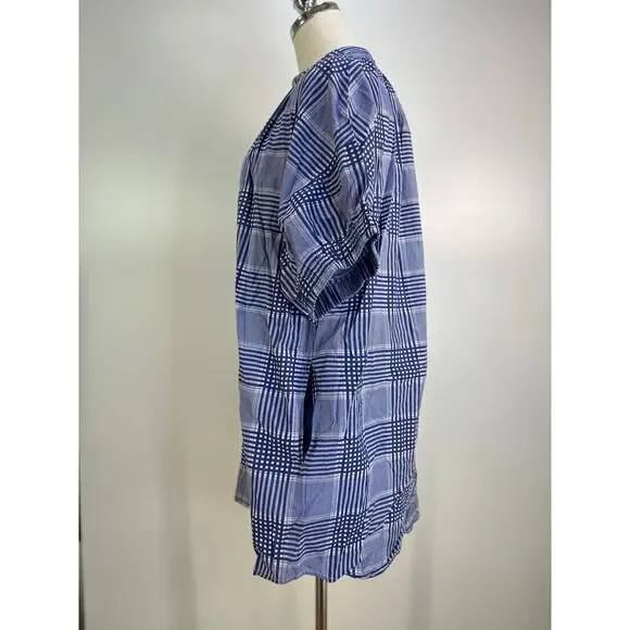 Never A Wallflower Elastic Sleeve Dress Navy Blue Plaid Printed Cotton Mini - Picture 4 of 8